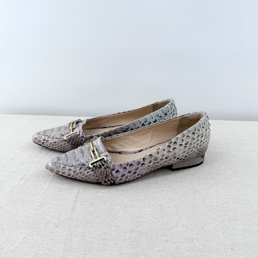 Vera Roloff Pointy Toe Loafer Flat Shoes w/ Gold Detail Python Skin Beige EU 37